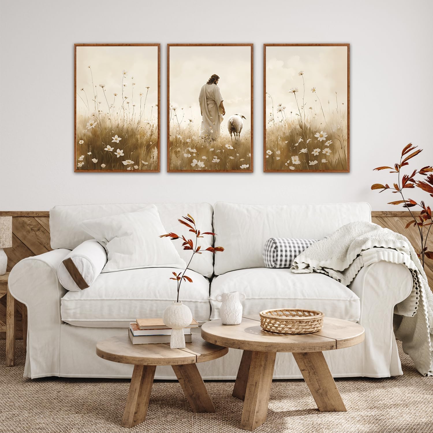 KAIRNE Jesus Framed Canvas Wall Art,Lost Sheep Wall Decor Set of 3(16”X24”),Holy Christian Art