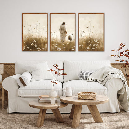 KAIRNE Jesus Framed Canvas Wall Art,Lost Sheep Wall Decor Set of 3(16”X24”),Holy Christian Art