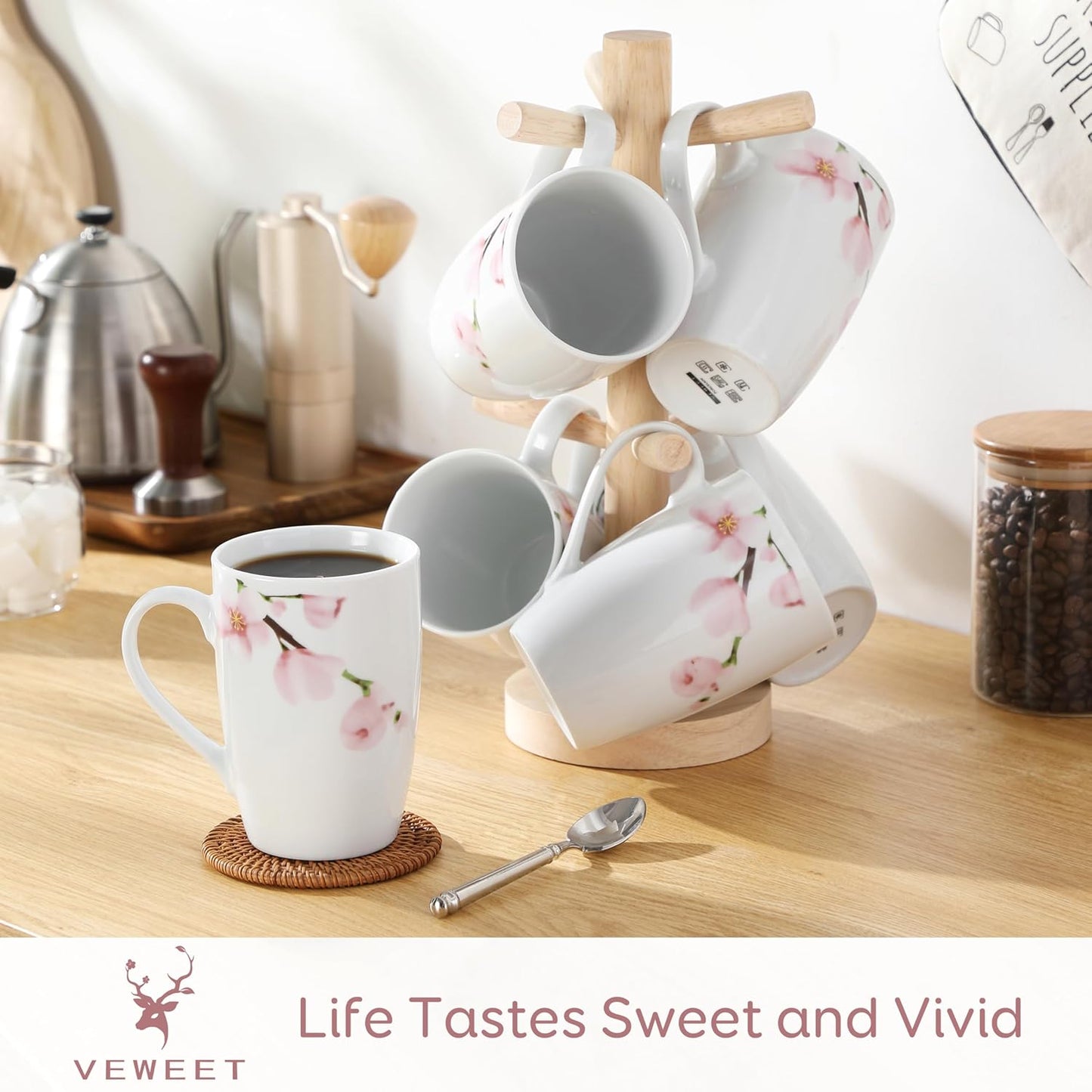 VEWEET Large Coffee Mugs Set of 6, 16 OZ Coffee Cups Set with Handle, Floral Mug Sets Ceramic Cup