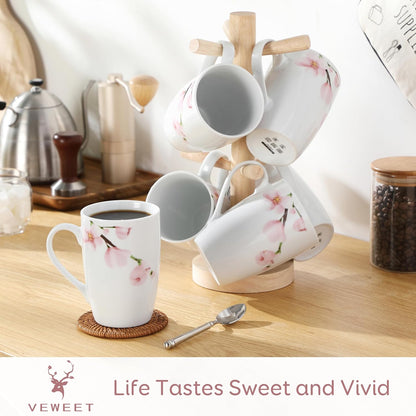 VEWEET Large Coffee Mugs Set of 6, 16 OZ Coffee Cups Set with Handle, Floral Mug Sets Ceramic Cup