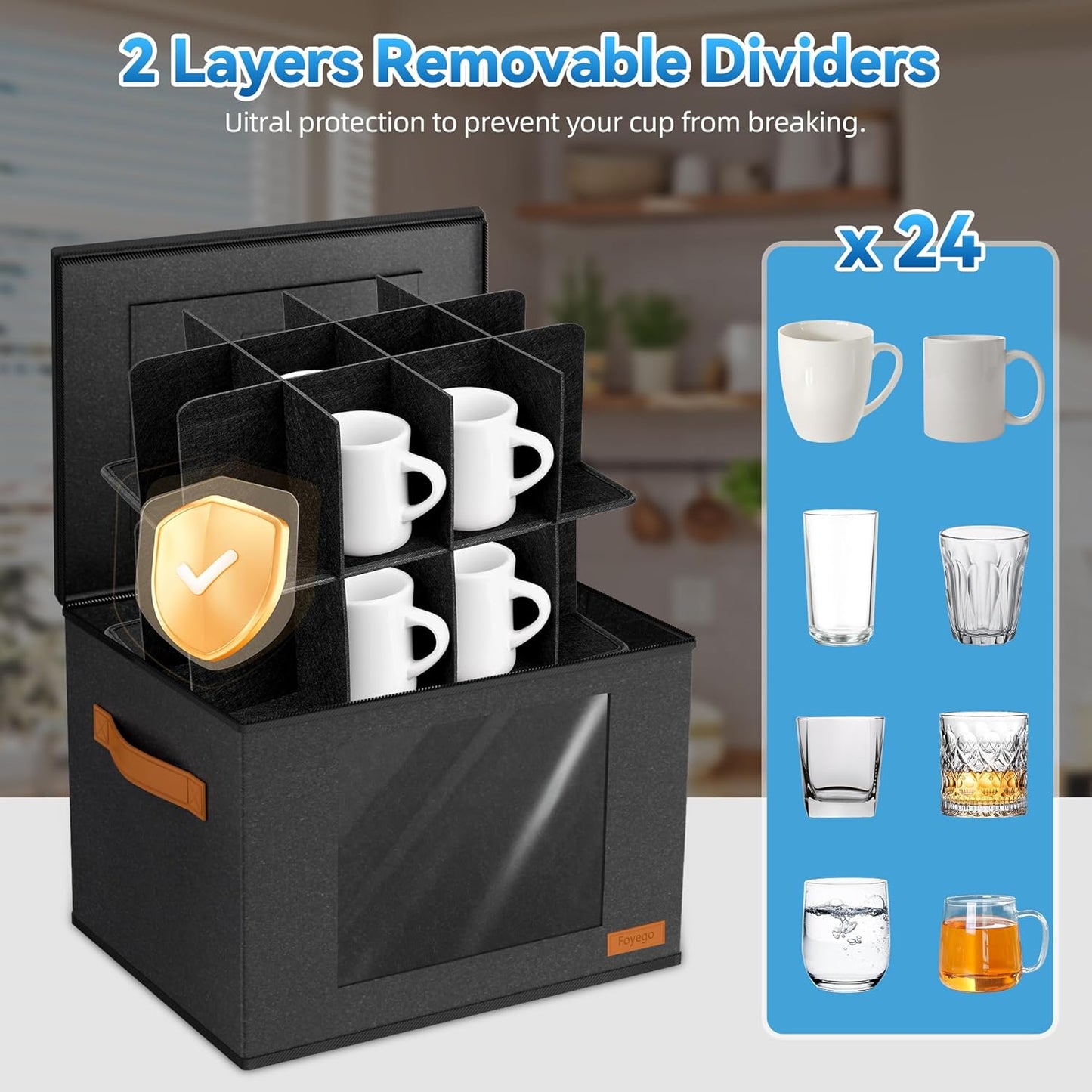 2-Layer Coffee Mug Storage Box with Dividers, Coffee Cup Storage Organizer with Zipper Lid and