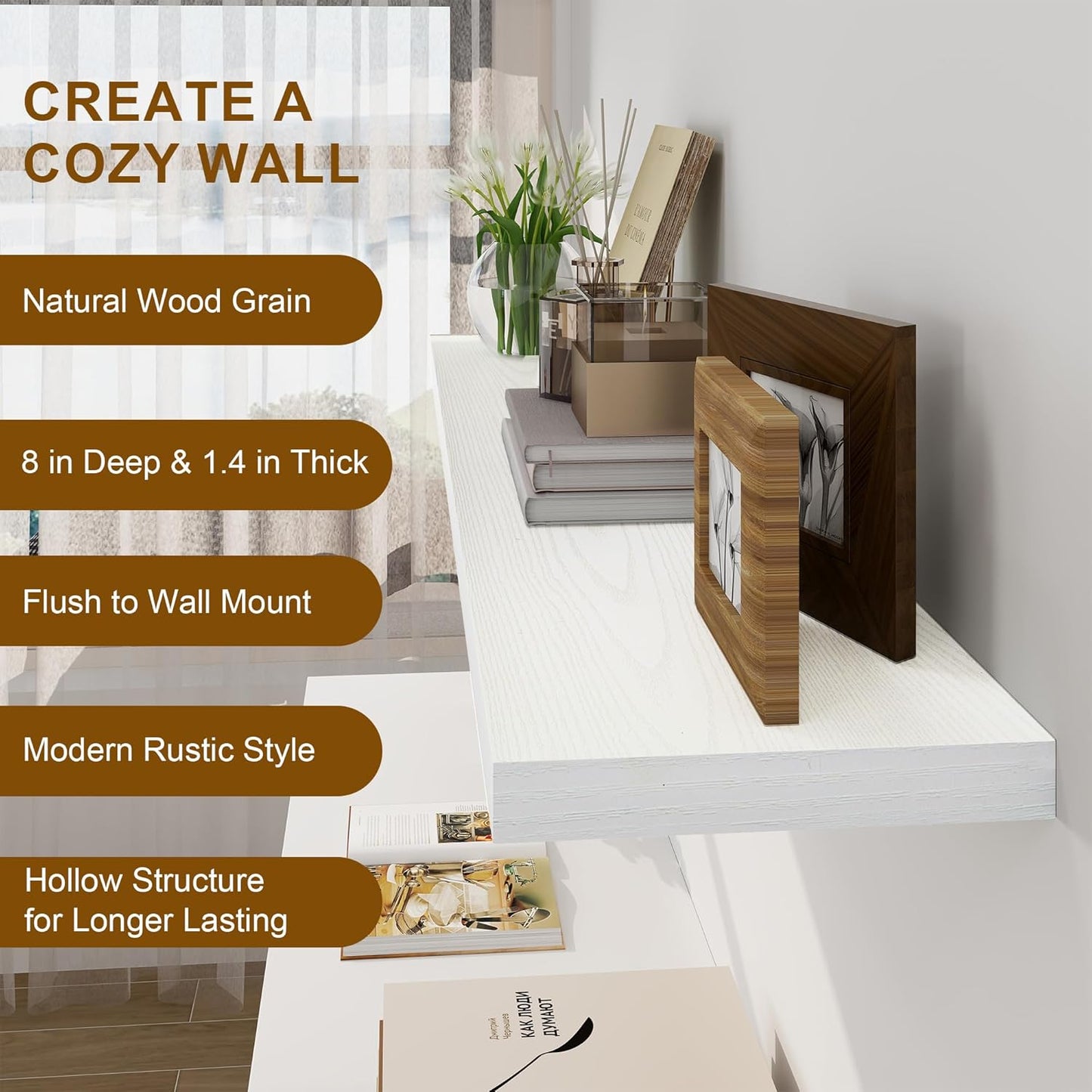 White Floating Shelves 48 Inch Long, 8 Deep Floating Shelves for Wall, Rustic 48" Long Fireplace