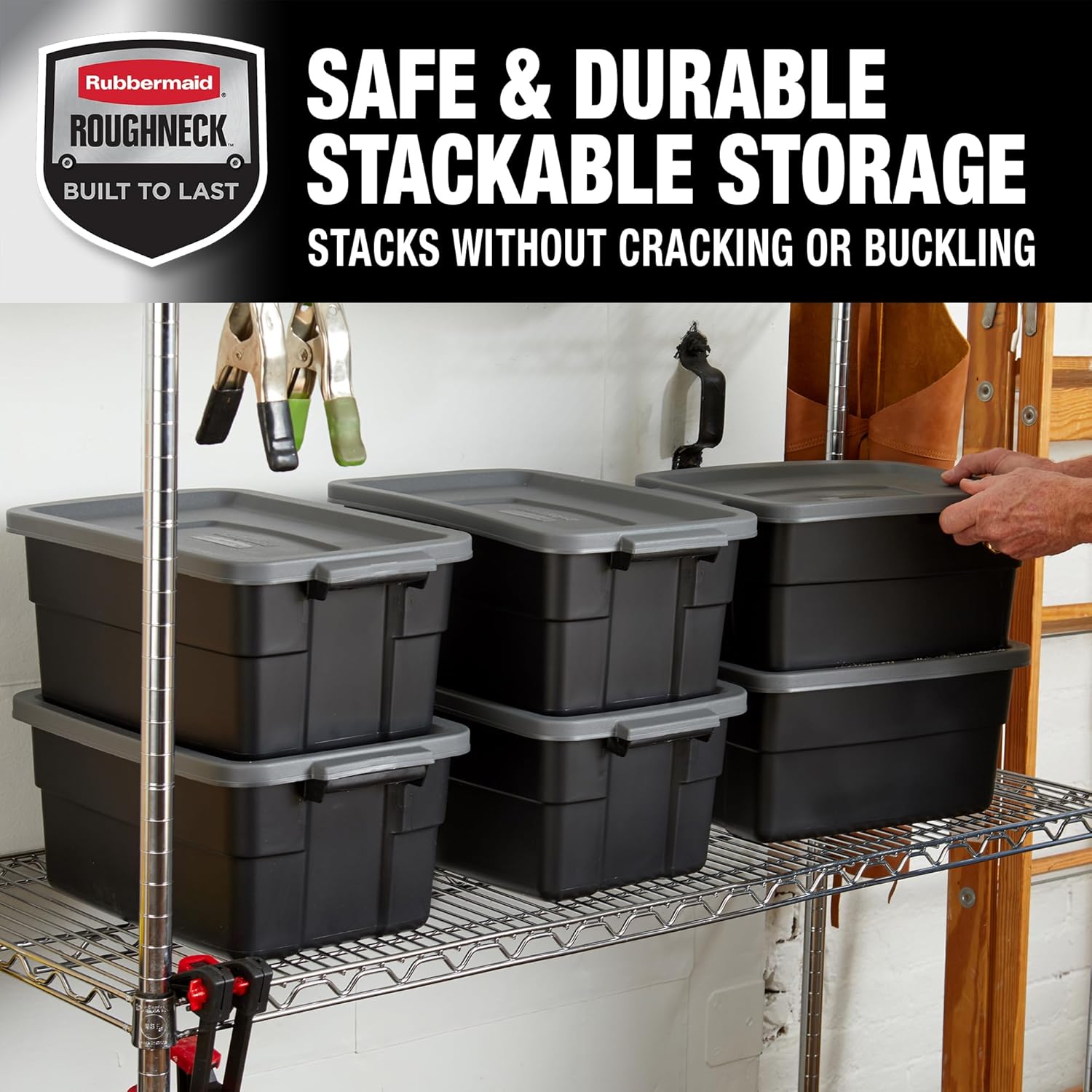 Rubbermaid Roughneck Tote 3 Gal, 6 Pack, Made in USA, Black & Gray, Rugged Plastic Stackable