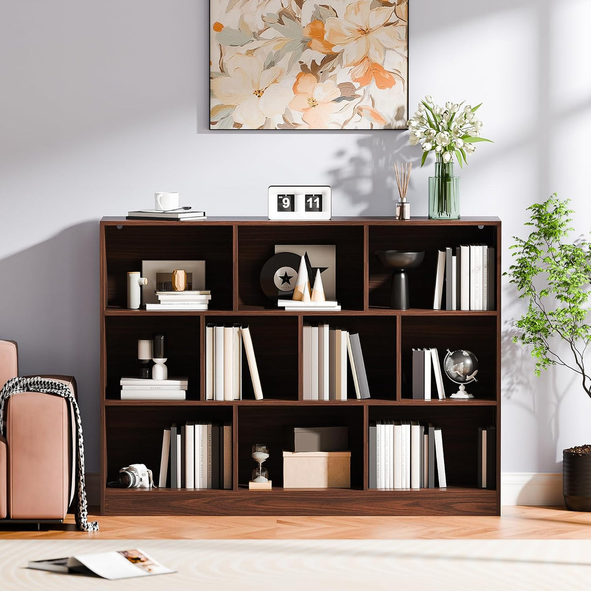 Cozy Castle Brown Bookshelf, 3-Tier Open Shelf Bookcase, 10 Cube Storage Organizer with Anti-Tilt