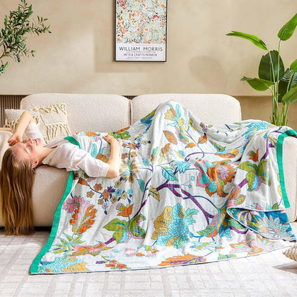 Summer Throw Blanket, 50"x60" Reversible Bohemian Flower Blanket, 100% Cotton Muslin Breathable