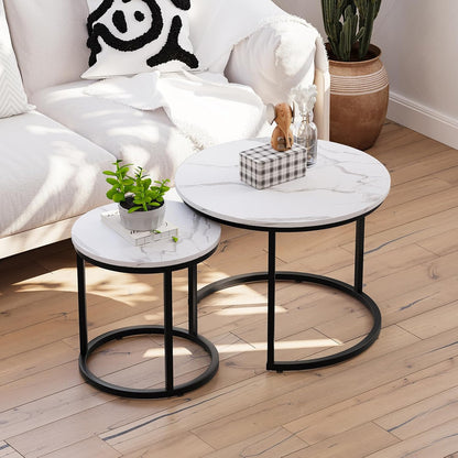 Smuxee White Nesting Coffee Table Set of 2, 23.6" Round Coffee Table Wood Grain Top with Adjustable