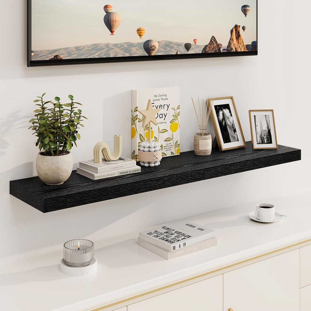 Black Floating Shelves 48 Inch Long, 8 Deep Floating Shelves for Wall, Rustic 48" Long Fireplace