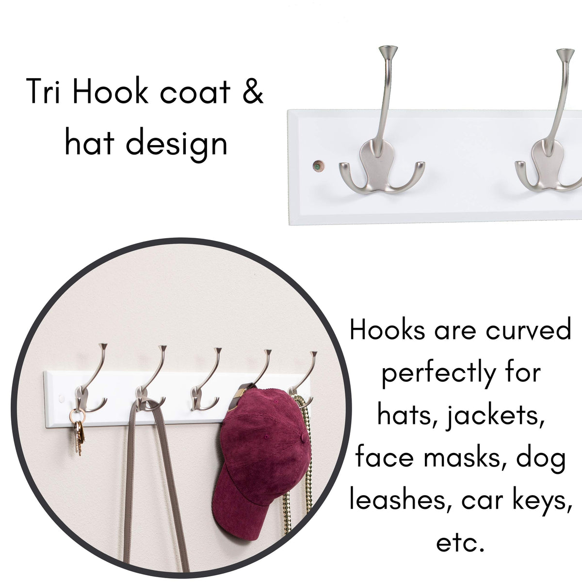 BIRDROCK HOME Tri Hook Coat Rack | 5 Hooks | Wall Mount Hat Rack | White Finish | Satin Nickel Hooks