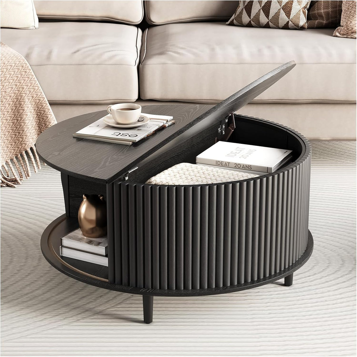 Round Coffee Table with Storage,Mid Century Modern Dining Table with Sliding Cabinet Door for