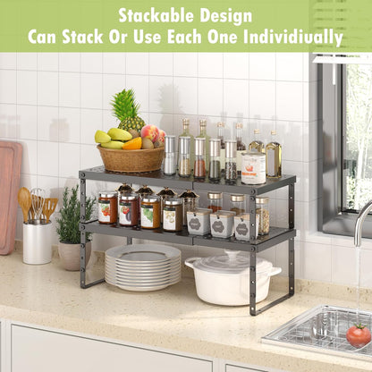 Expandable Cabinet Organizer Shelf With Adjustable Height, Stackable Kitchen Countertop Organizer