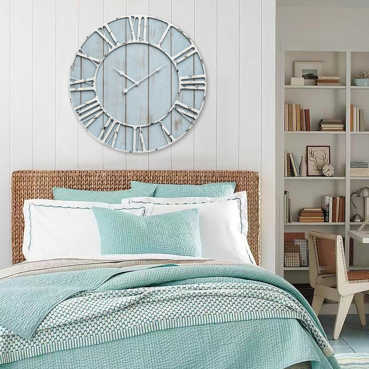 Large Farmhouse Wall Clock 24 Inch Vintage Blue Wooden Wall Clock with Quiet Ticking and Minimalist