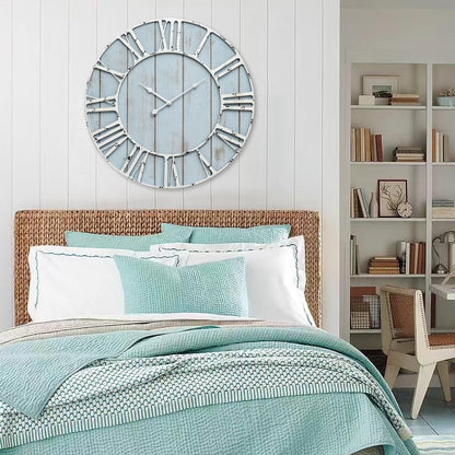 Large Farmhouse Wall Clock 24 Inch Vintage Blue Wooden Wall Clock with Quiet Ticking and Minimalist