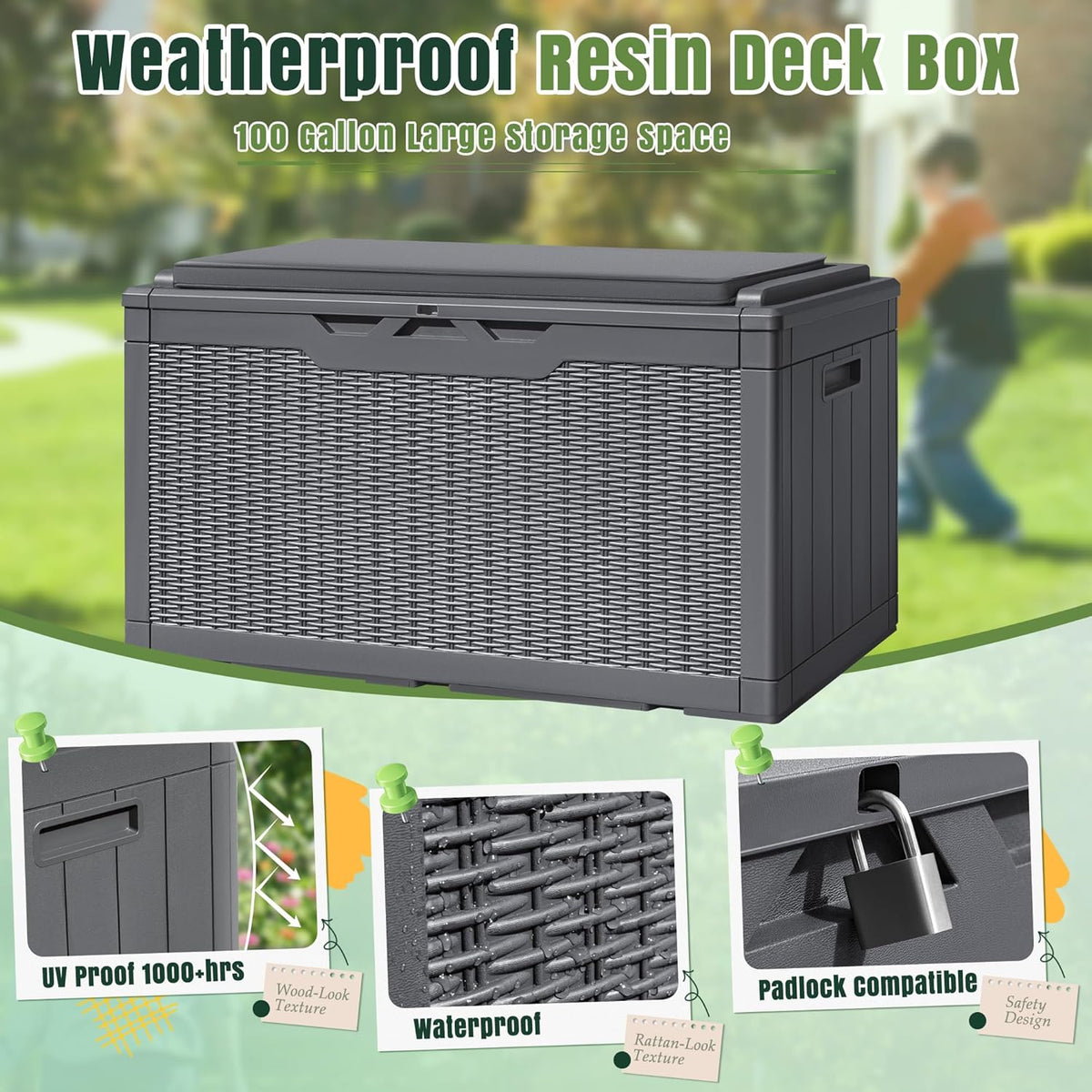 Greesum 100 Gallon Resin Deck Box Large Outdoor Storage with Cushions for Patio Furniture, Garden