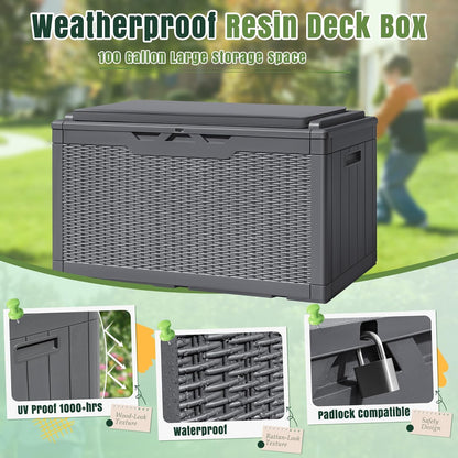 Greesum 100 Gallon Resin Deck Box Large Outdoor Storage with Cushions for Patio Furniture, Garden