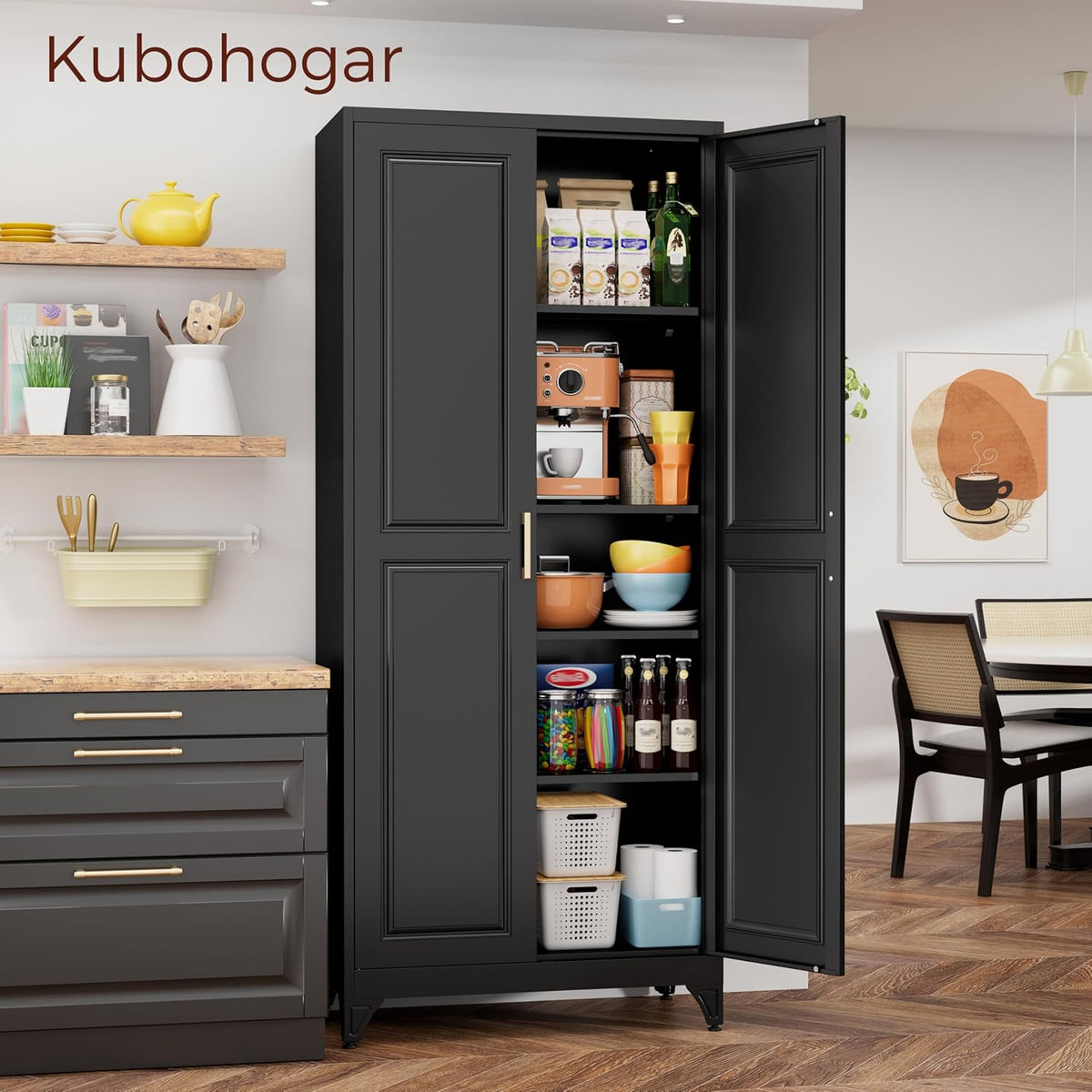 75" Kitchen Pantry Cabinet, Black Metal Storage Cabinets with 2 Doors and 4 Adjustable Shelves