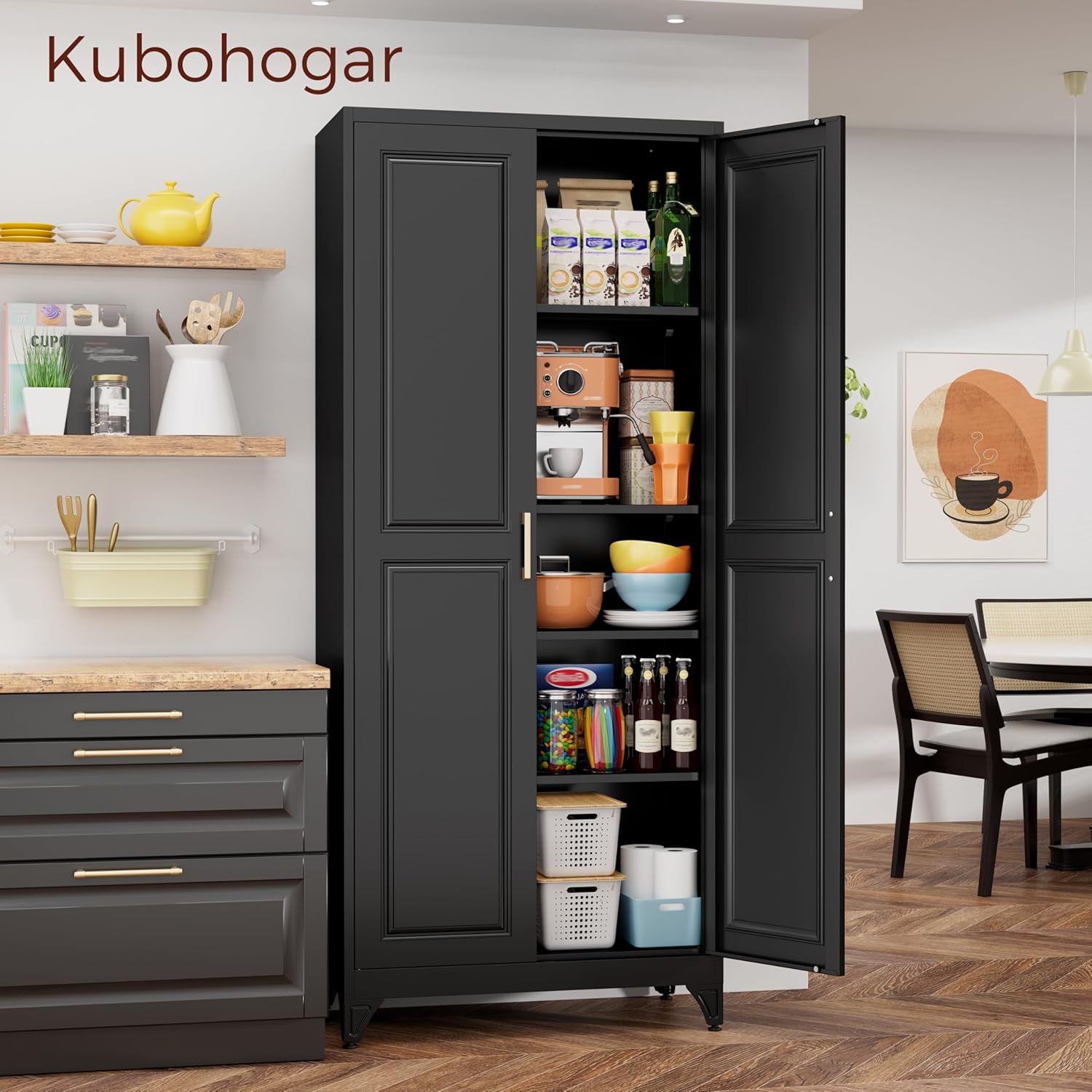 75" Kitchen Pantry Cabinet, Black Metal Storage Cabinets with 2 Doors and 4 Adjustable Shelves