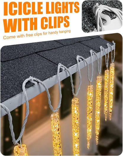 Minetom Icicle Lights Outdoor with Clips, 20ft 100 LED 20 Tubes Twinkling Crystal String Lights