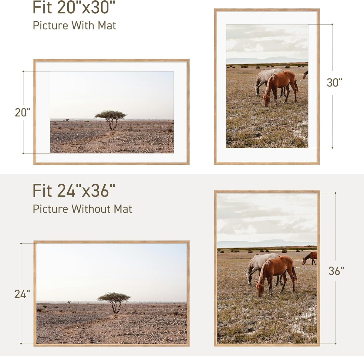 24x36 Poster Frame Set of 2 Natural Solid Oak Photo Frames with 20x30 Removable Mat Wall Hanging