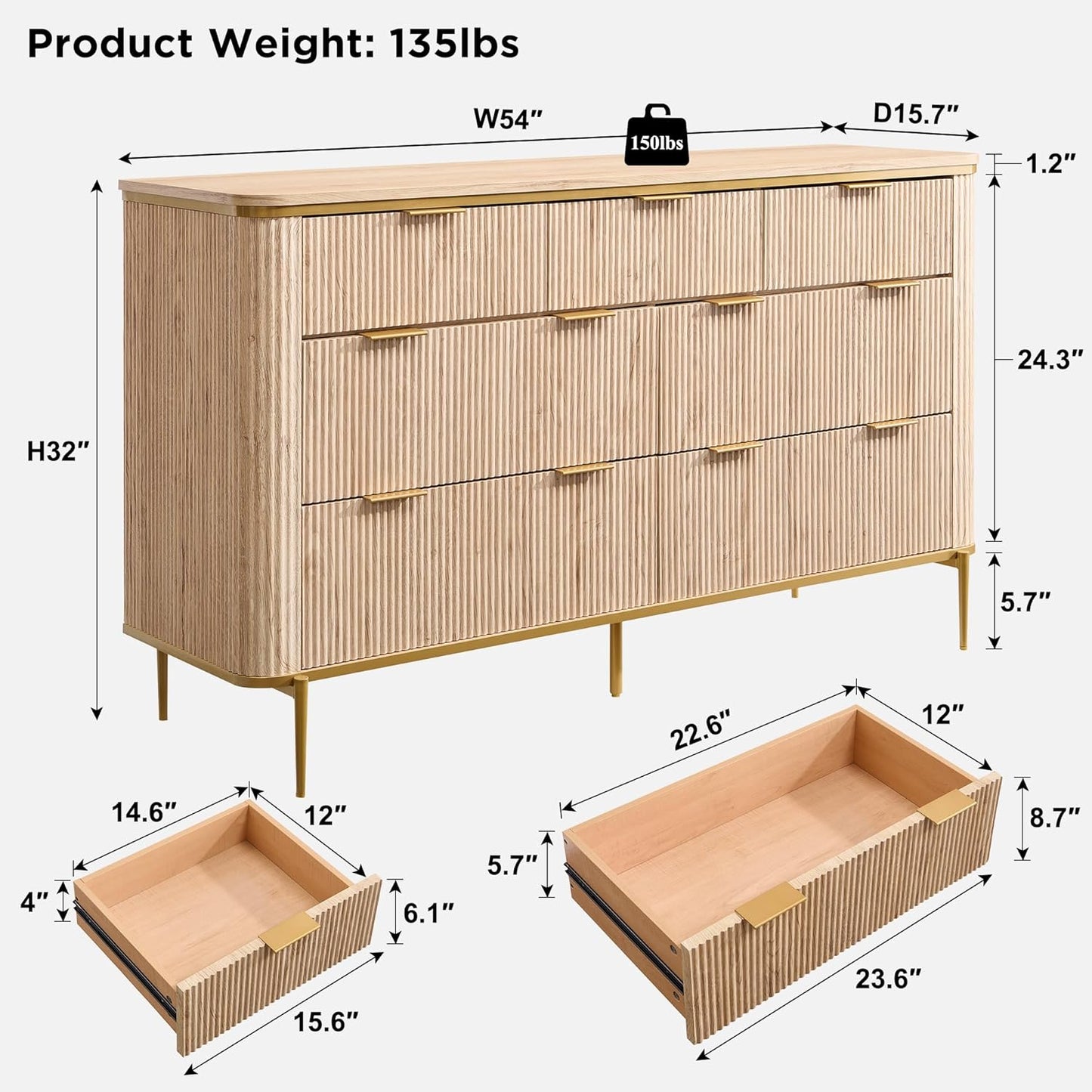 T4TREAM Fluted 7 Drawers Dresser for Bedroom, 54" Wide Modern Dresser TV Stand, Gold Accents