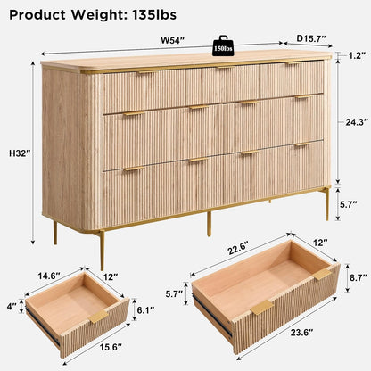 T4TREAM Fluted 7 Drawers Dresser for Bedroom, 54" Wide Modern Dresser TV Stand, Gold Accents