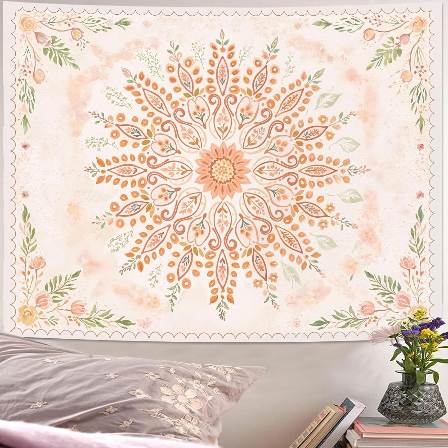 Lunerfex Floral Mandala Tapestry Boho Tapestry for Bedroom Peach Tapestries Wall Hanging Living