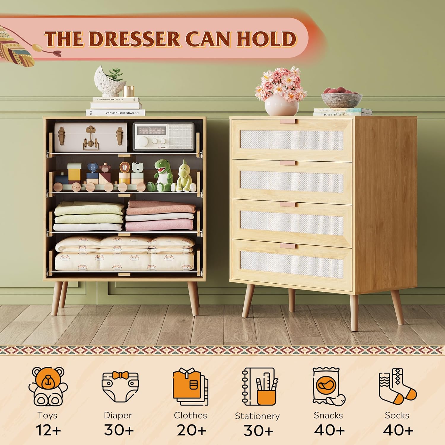 WLIVE Rattan Dresser for Bedroom, 4 Drawer Wood Boho Dresser Storage with Gold Metal Handle, Chest