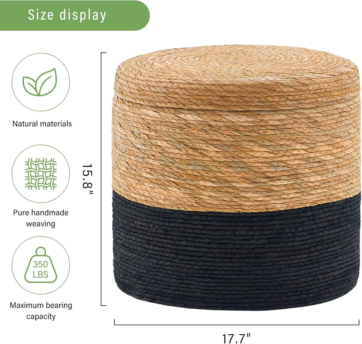 Wimarsbon 18'' Ottoman Pouf, Natural Braided Poof, Rustic Handweave Lounge Pouffe, Boho Footrest