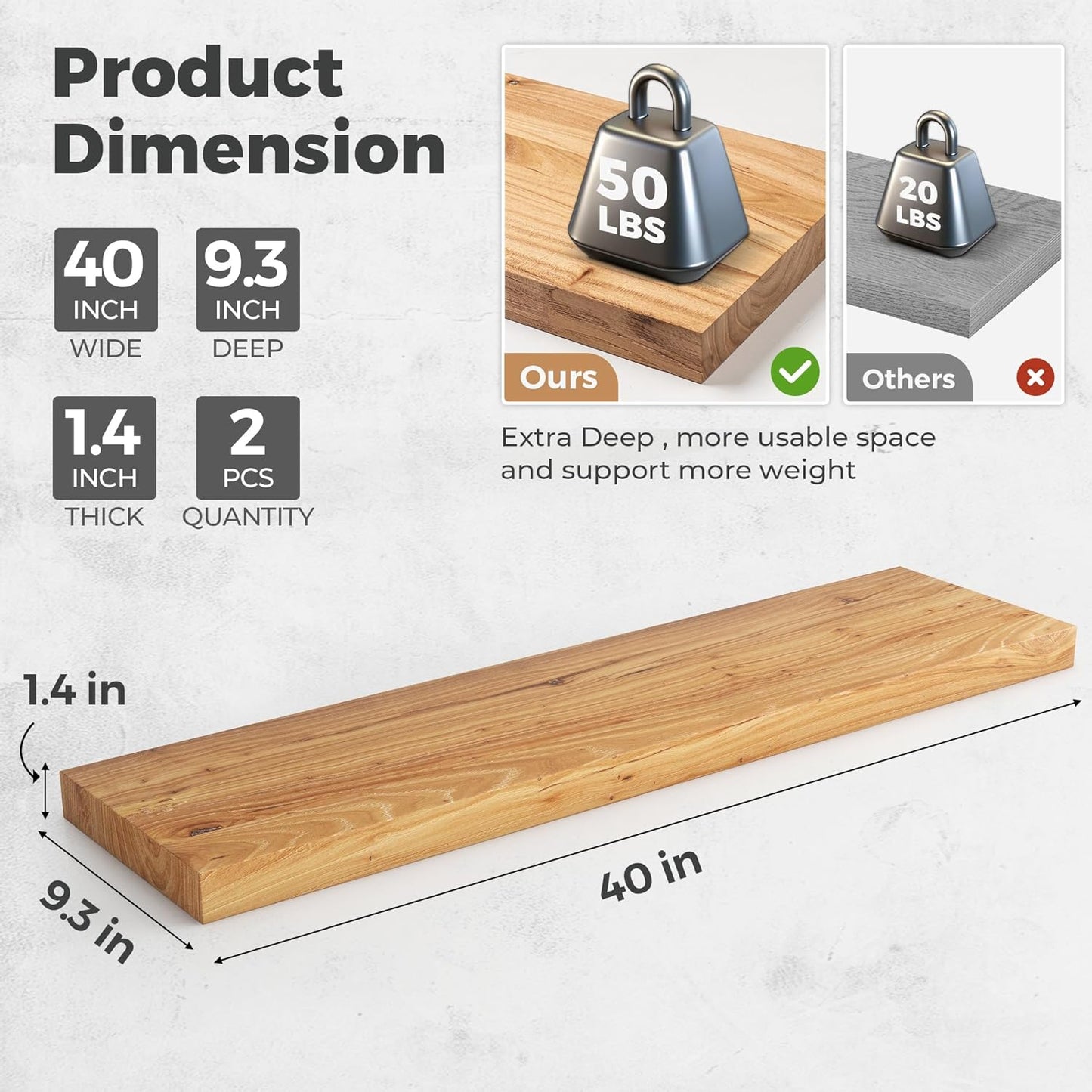 RICHFOCUS Elm Floating Shelves for Wall - 40" W x 9.3" D Rustic Solid Wood Shelves with Invisible