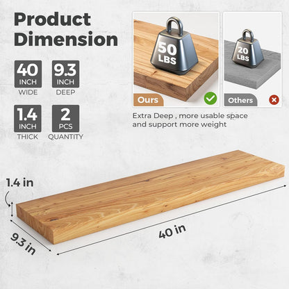 RICHFOCUS Elm Floating Shelves for Wall - 40" W x 9.3" D Rustic Solid Wood Shelves with Invisible
