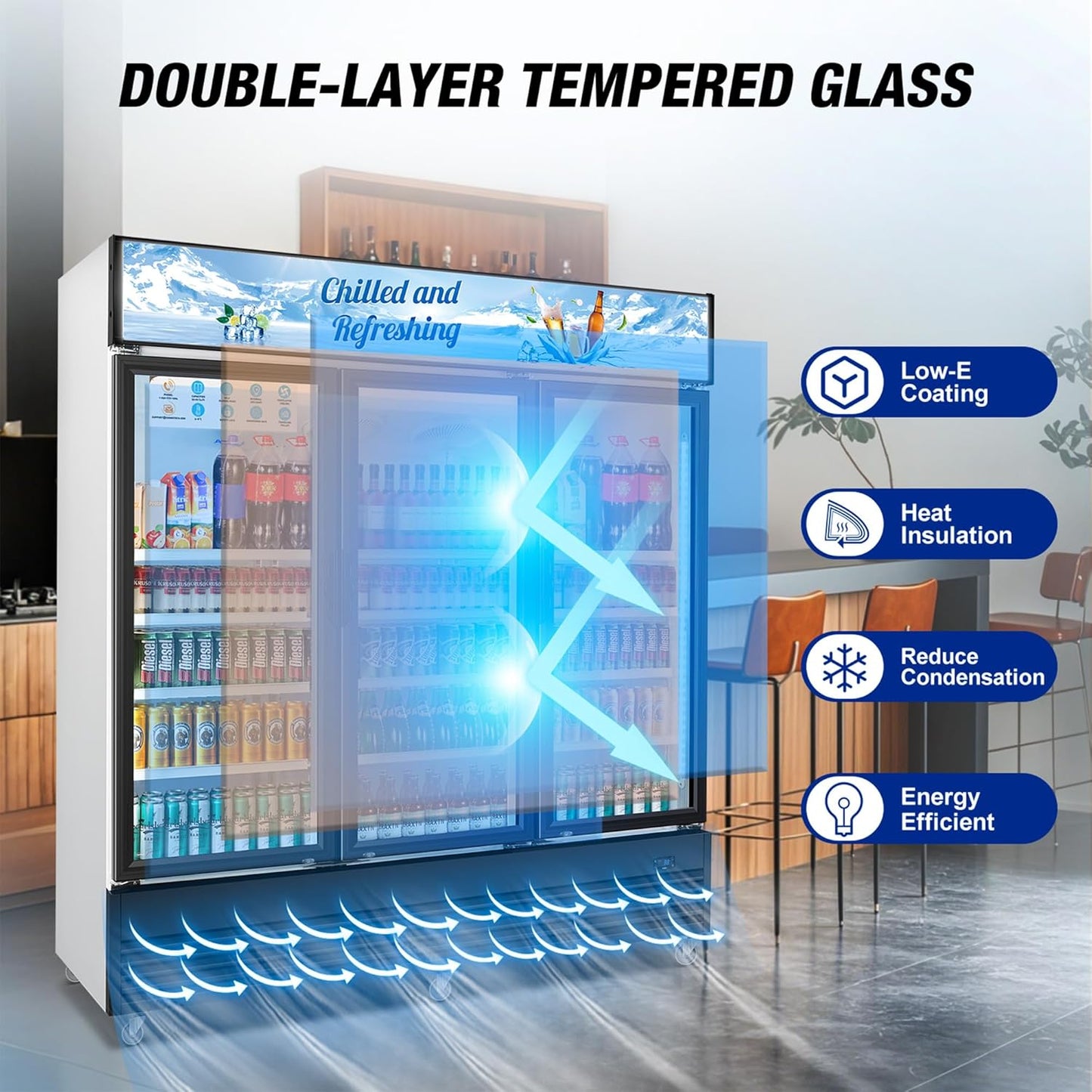 Commercial Beverage Refrigerator, 75" W 60 Cu. Ft. Commercial Drink Fridge, Display Refrigerator