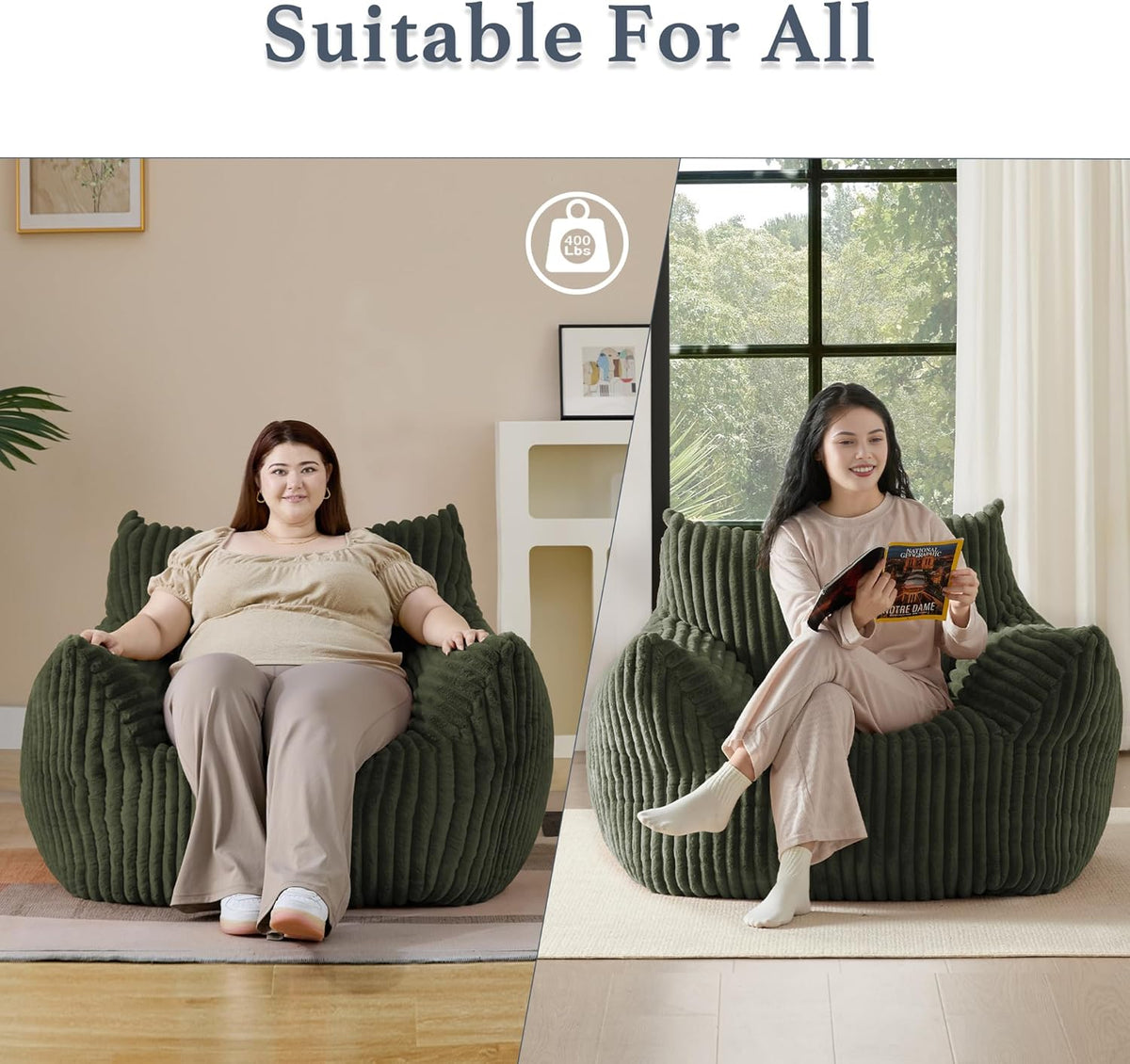 Giant Plush Bean Bag Chair for Adults with Armrests - Oversized Comfy Green Beanbag Lounge Lazy