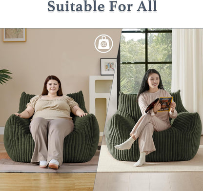 Giant Plush Bean Bag Chair for Adults with Armrests - Oversized Comfy Green Beanbag Lounge Lazy