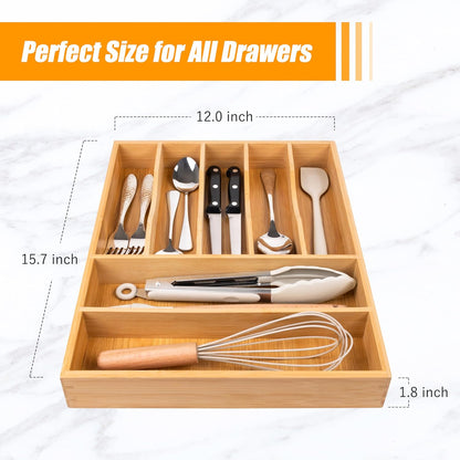 Bellsal Bamboo Silverware Drawer Organizer, Kitchen Utensil Drawer Organizers, 12"x15.7" Utensils