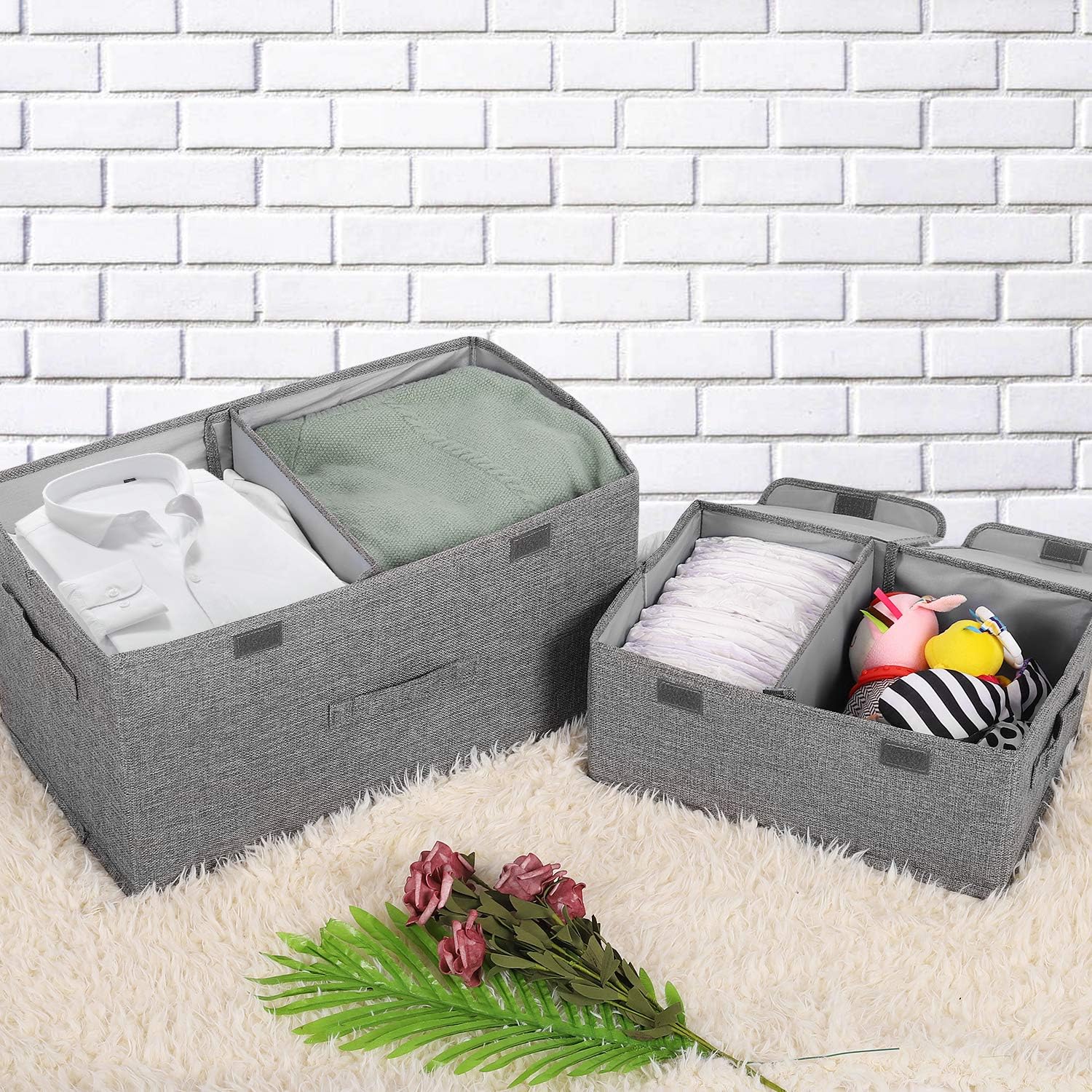 2 Pack Large Linen Fabric Collapsible Storage Bins with Lid and Handles, Washable Storage Box