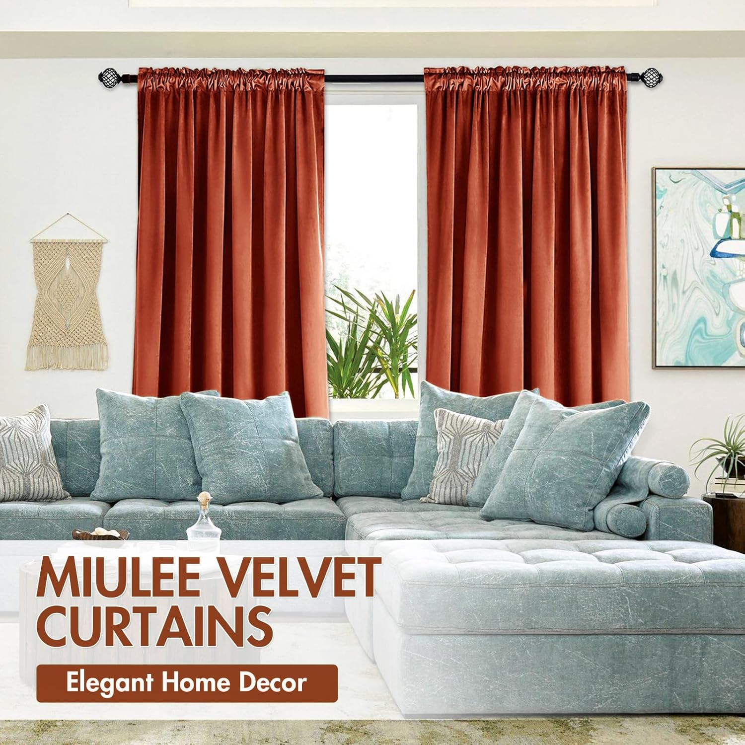 MIULEE Burnt Orange Velvet Curtains Thermal Insulated Blackout Curtain Fall Drapes for Bedroom
