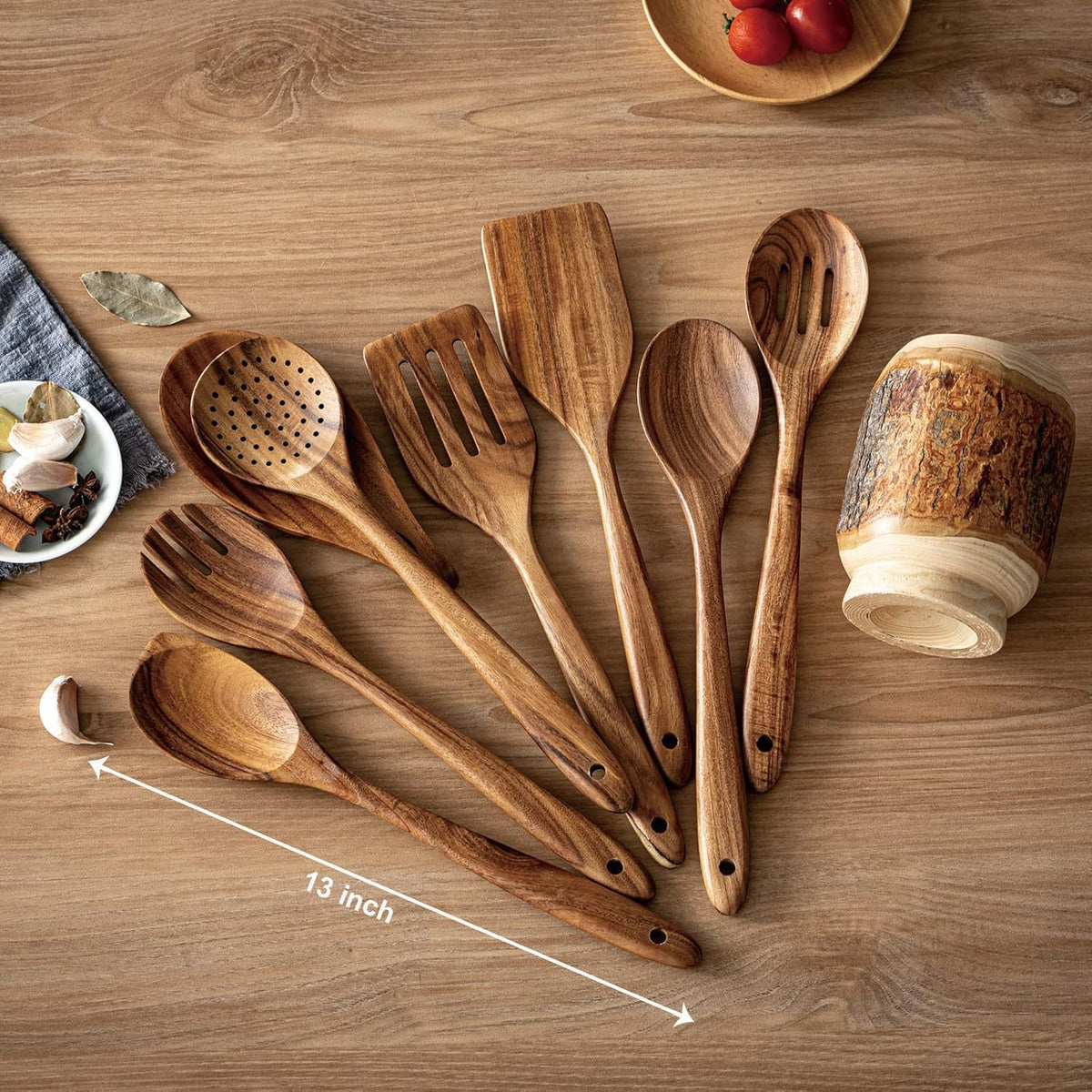 Gudamaye 13 inch Long Wooden Spoons for Cooking,Wooden Utensils for Cooking with Utensils Holder,9