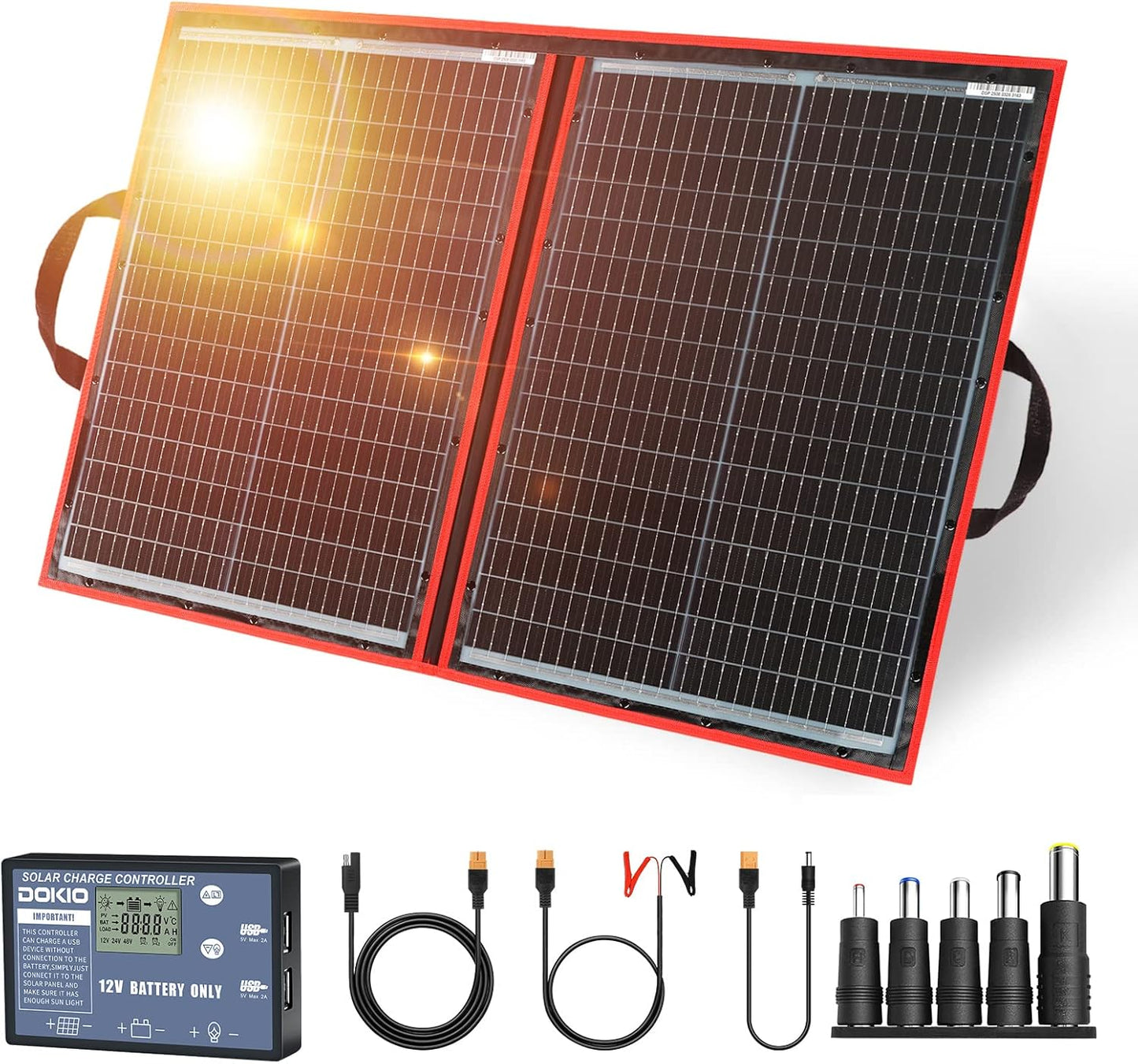 DOKIO 100W Portable Foldable Solar Panel Kit, Compact 21x28in Design 5.9lb with Standalone