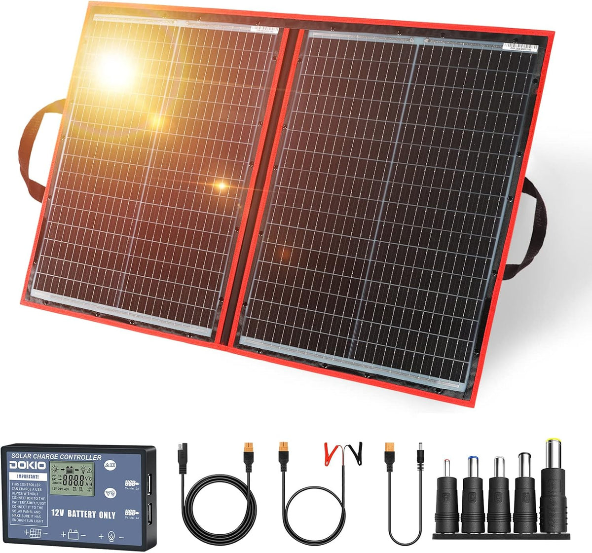 DOKIO 100W Portable Foldable Solar Panel Kit, Compact 21x28in Design 5.9lb with Standalone