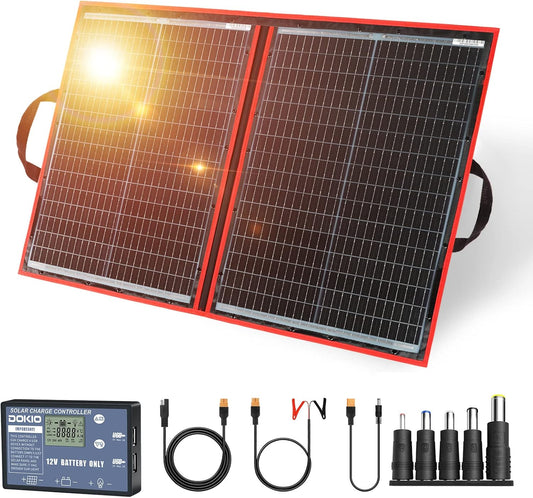 DOKIO 100W Portable Foldable Solar Panel Kit, Compact 21x28in Design 5.9lb with Standalone