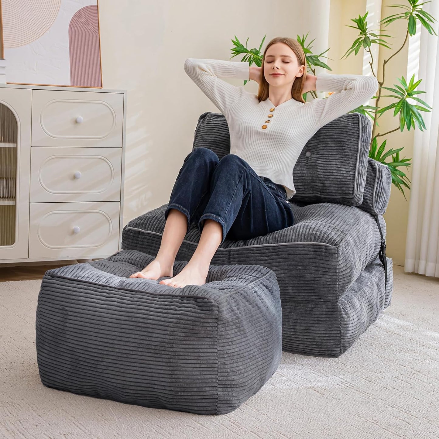 HIGOGOGO Square Stuffed Pouf Ottoman, Corduroy Poufs with Foam Chunk Filling, Furry and Fluffy Pouf