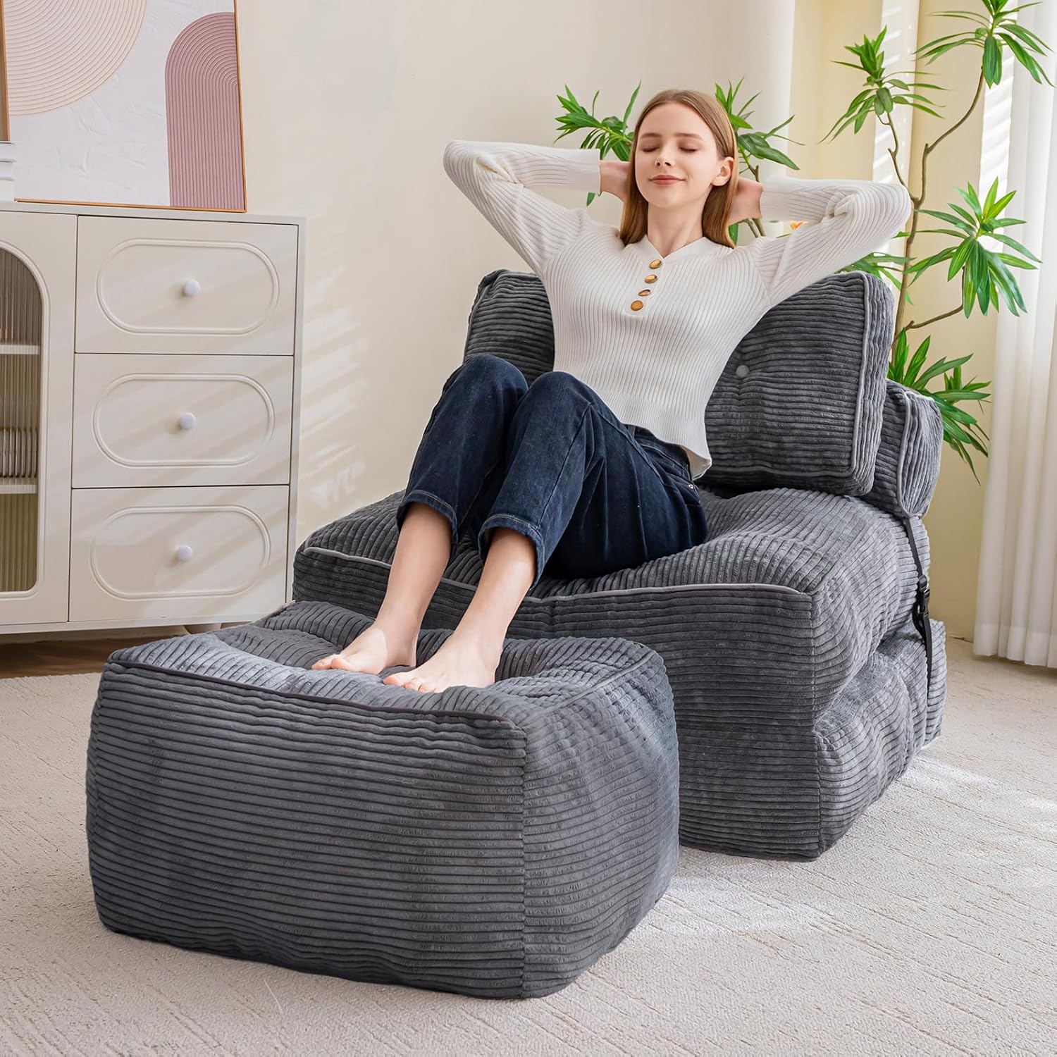 HIGOGOGO Square Stuffed Pouf Ottoman, Corduroy Poufs with Foam Chunk Filling, Furry and Fluffy Pouf
