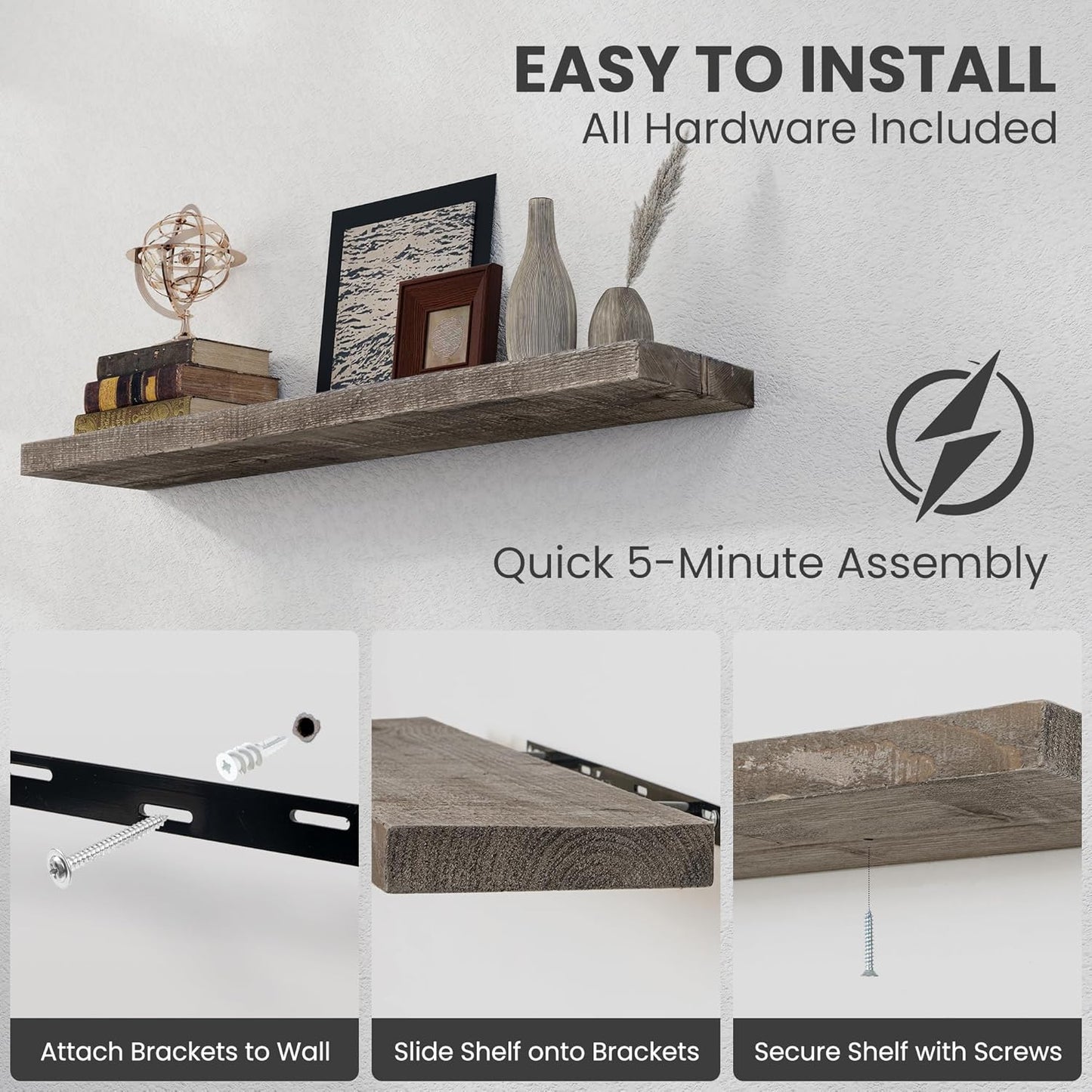 Floating Shelves Reclaimed Barnwood, 8" Deep Solid Wood Floating Shelf Wall Hanging Shelves with