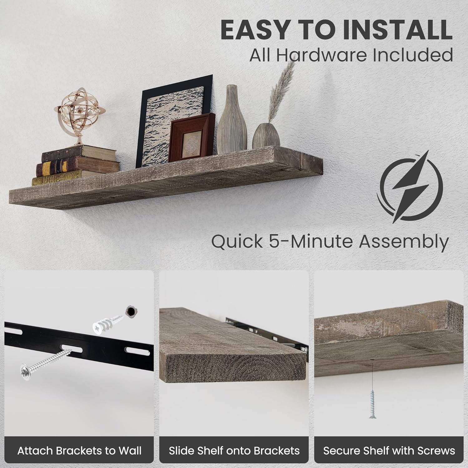 Floating Shelves Reclaimed Barnwood, 8" Deep Solid Wood Floating Shelf Wall Hanging Shelves with