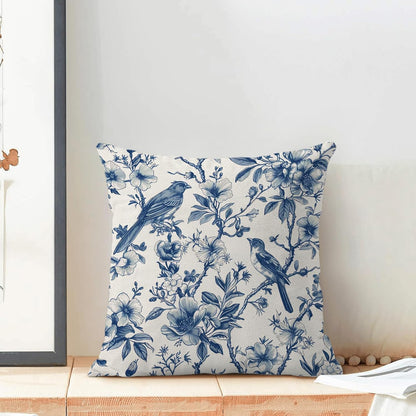 Navy Blue Spring Floral Pillow Covers 18 x 18 Inch Set of 2 for Chinoiserie Vintage Flowers Bird