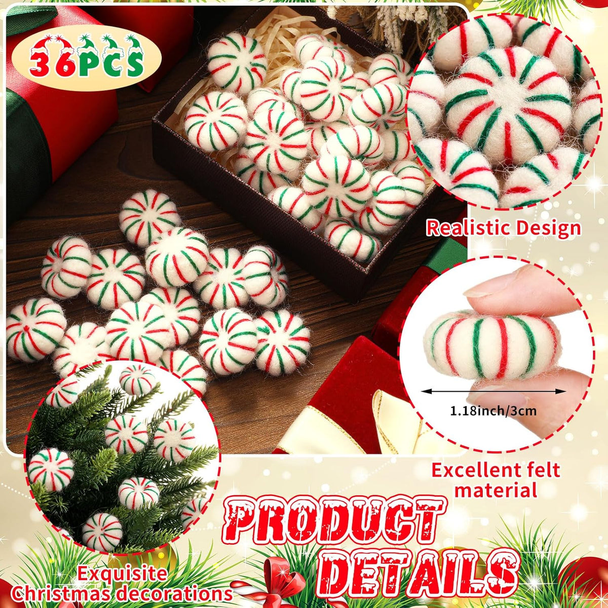 36 Pcs Felt Peppermint Decoration Christmas Wool Peppermints Christmas Arts Crafts Supplies, DIY