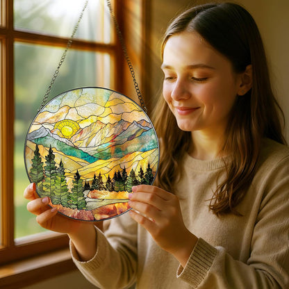 Stained Glass Window Hanging - 8 Inch Mountain Range Suncatcher for Window Doors Home Decoration