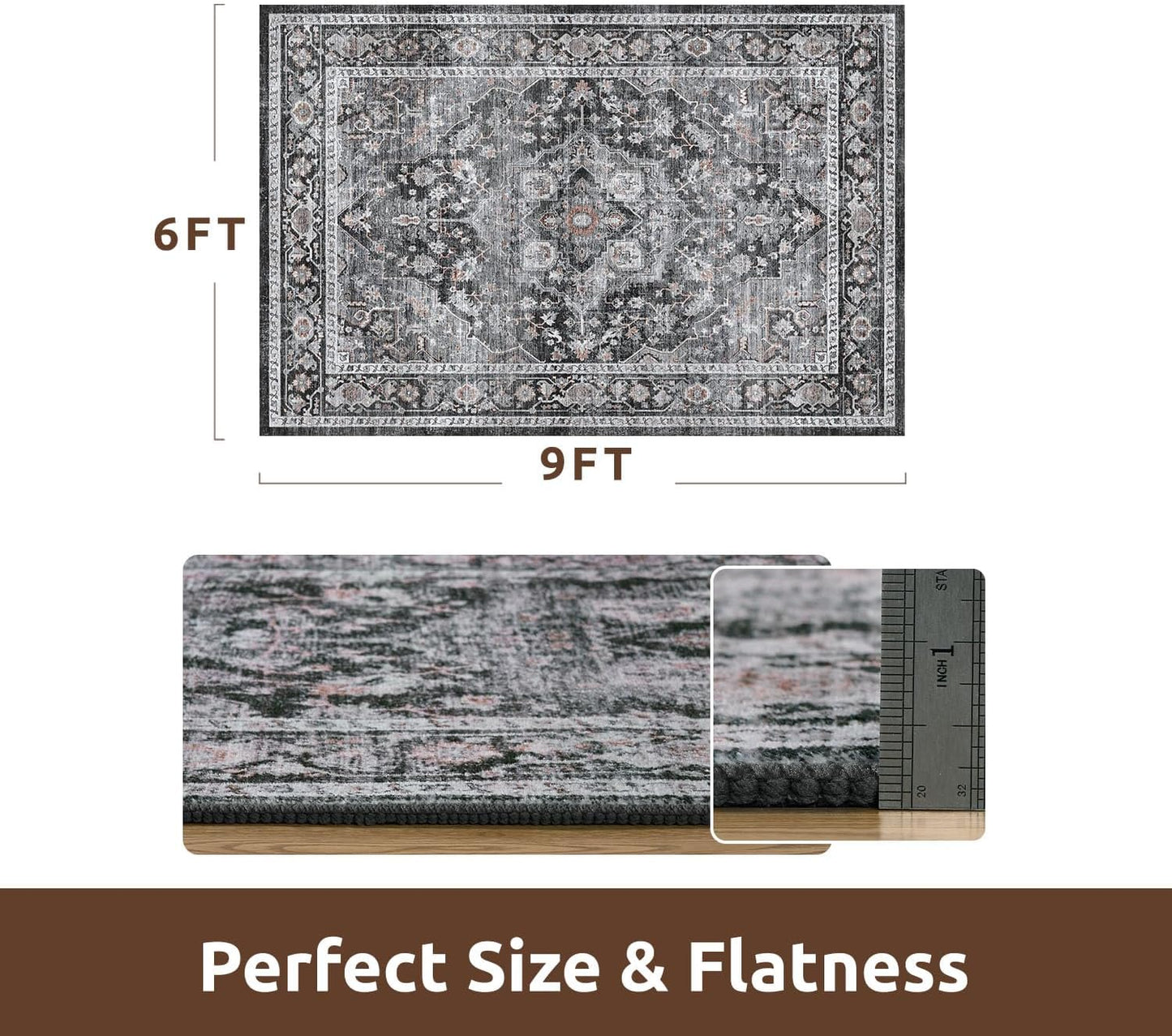 AMOAMI-Area Rug 6X9 Rugs for Living Room-Vintage Sof Dark Grey & Black Rugs for Bedroom-Non Slip