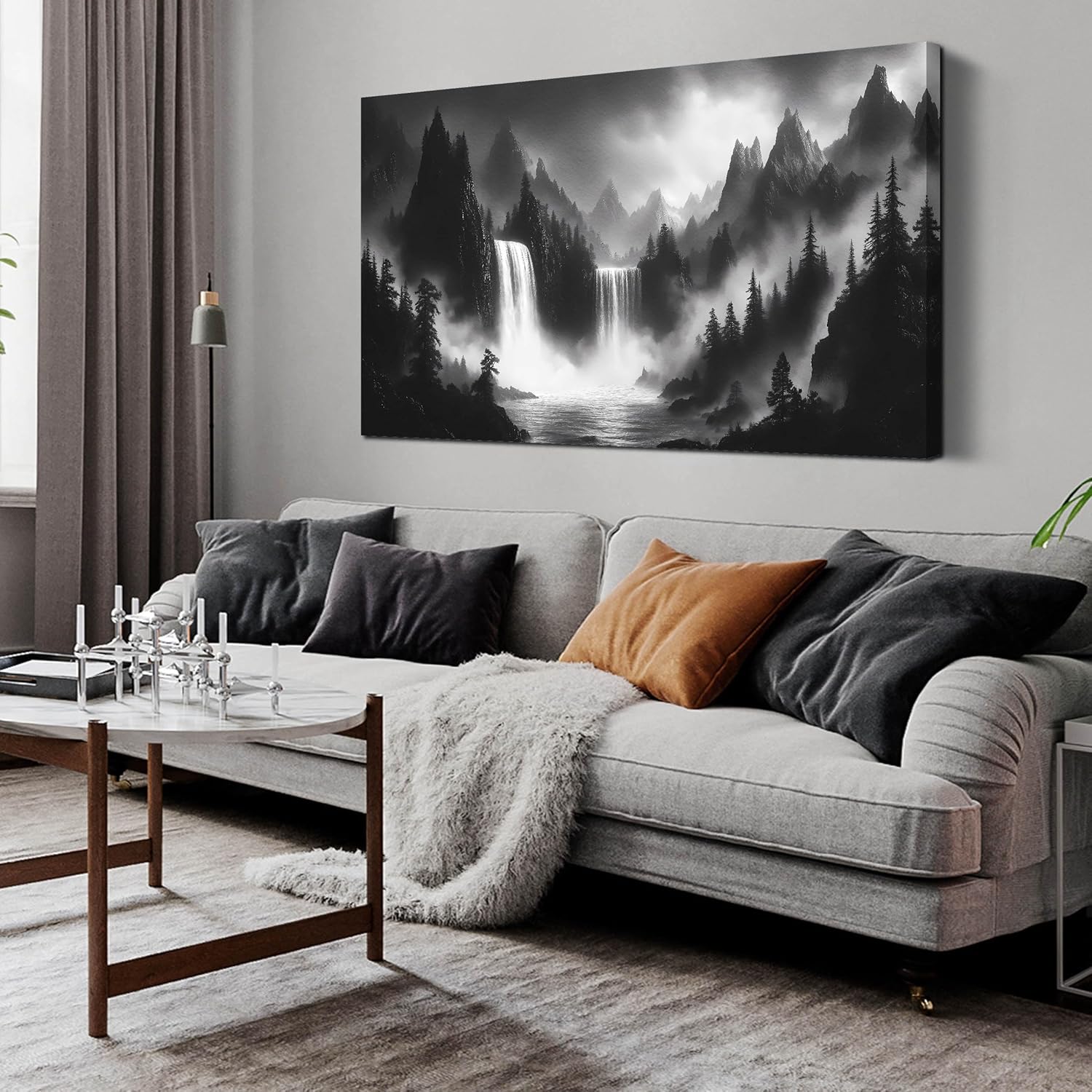 HUBOSKN Waterfall Pictures Wall Decor for Living Room - Mountain Wall Art for Office - Black and