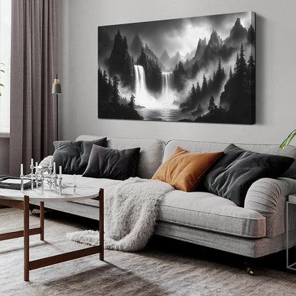 HUBOSKN Waterfall Pictures Wall Decor for Living Room - Mountain Wall Art for Office - Black and