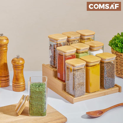 ComSaf 12Pcs Glass Spice Jars with Bamboo Lid, 10oz Airtight Square Containers with 275 Black